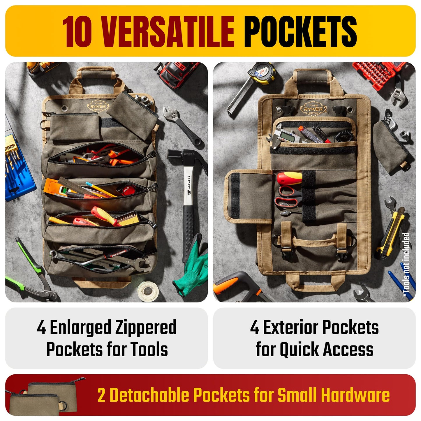 The Ryker Bag Tool Roll Organizer with Detachable Pockets – Heavy Duty Roll-Up ToolBag for Mechanics, Electricians, Plumbers, Contractors, Garage & Job Site Use Gift for Dads (AP-TR)