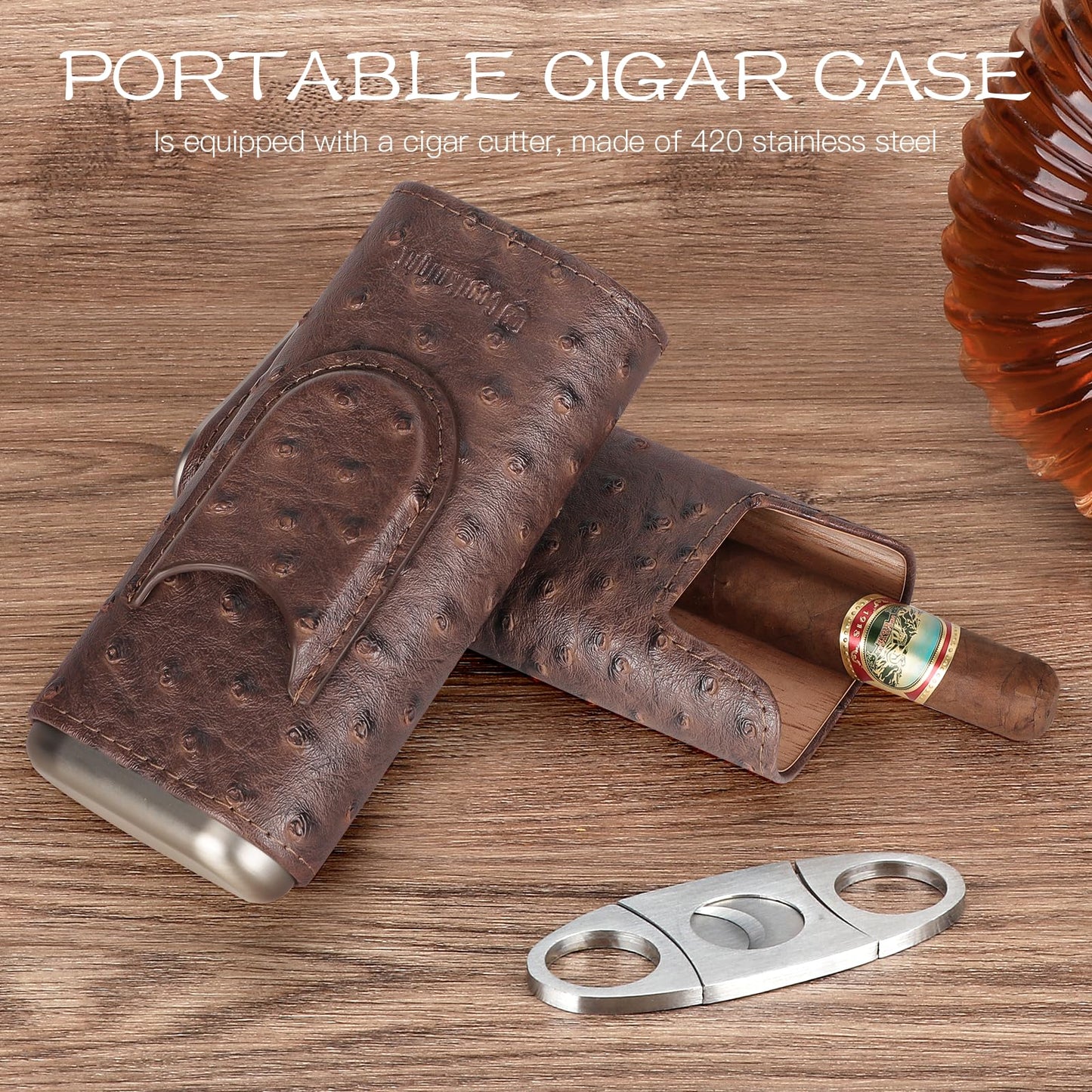 COOL KNIGHT Leather Cigar Case - Cedar Wood Lining Travel Humidors for Cigars - Cigar Accessories Include Stainless Steel Cigar Cutter - Cigar Gift Box for Cigar Lovers (Ostrich Texture)