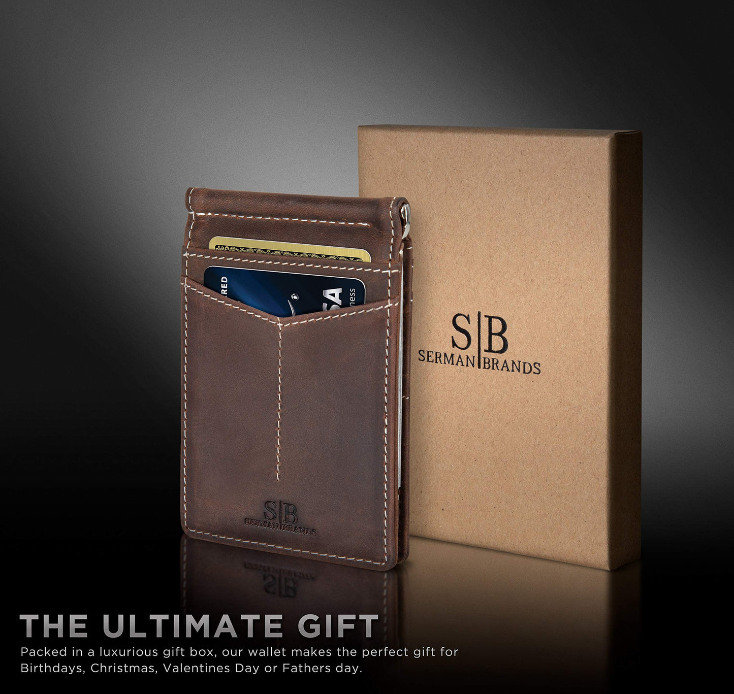 SERMAN BRANDS RFID Blocking Wallet Slim Bifold - Genuine Leather Minimalist Front Pocket Wallets for Men with Money Clip Gift (Texas Brown)