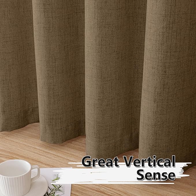 Tollpiz Short Linen Curtain Bedroom Rod Pocket Semi Sheer Curtains Burlap Light Filtering Thick Linen Drape for Living Room, 38 x 54 inches Long, Brown, Set of 2 Panels