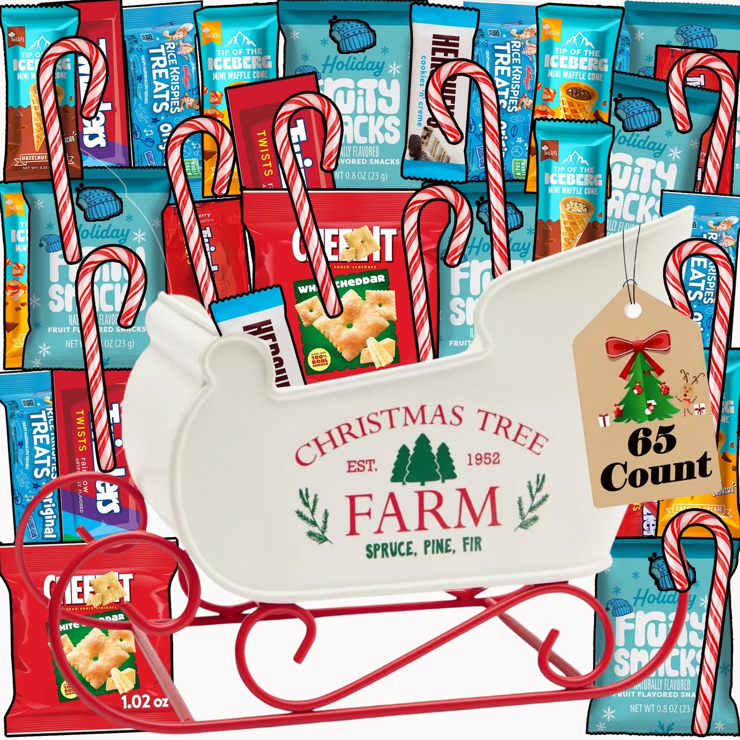 Christmas Gift Snack Care Package, 65 Count in Santa Sleigh Holiday Gift Basket for Christmas, Assorted Individually Wrapped Full Sized Candy Canes, Fruit Snacks and More, Candy Gift Basket for Adults