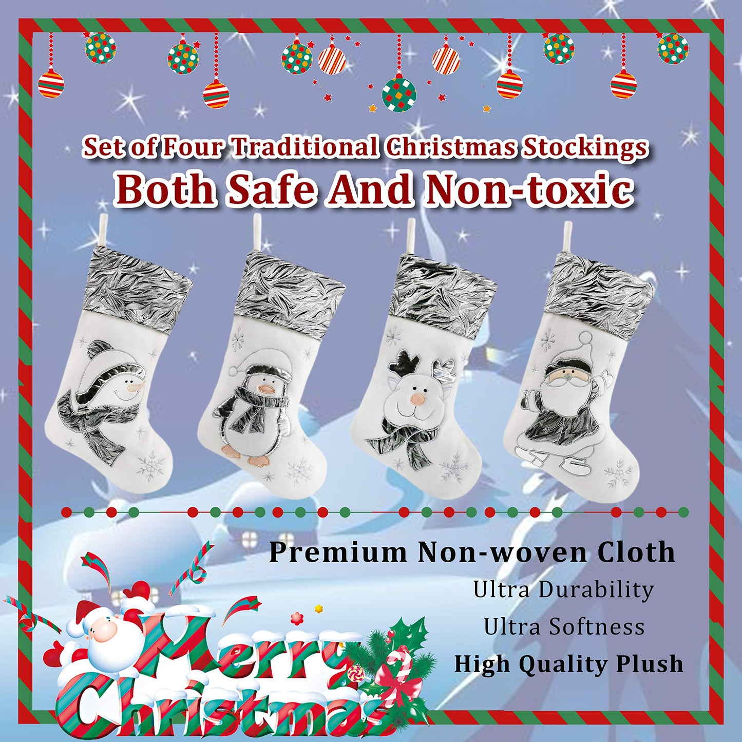 BSTAOFY Christmas Stockings Set of 4 Soft Non-Woven Patterned Santa Claus Animals Socks for Assorted Xmas Tree Hanging Decor Party Ornaments Gifts Kids, Silver