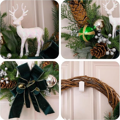28" Lighted Christmas Wreath for Front Door, Handmade with Pinecones Ornaments Deer Bow, Christmas Wreath Decoration for Home Door Porch Wall Indoor Outdoor