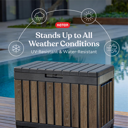 Keter Signature Everwood 50 Gallon Resin Deck Box-Organization and Storage for Patio Cushions, Throw Pillows and Garden Tools, Walnut