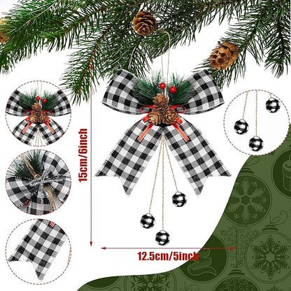 Xinnun 4 Pieces Christmas Buffalo Plaid Bows with Pine Cones Pine Needles Xmas Plaid Bow Ornament Christmas Tree Wreath Decoration for Holiday Parties DIY Crafts Home Decor (White,Black)
