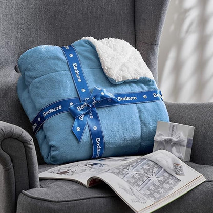 Bedsure GentleSoft Sherpa Fleece Blankets Queen Size for Bed - Thick and Warm Throw for Men, Soft Fuzzy Plush Queen Blanket for Winter, Washed Blue, 90x90 Inches