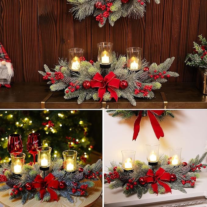 MOONET Red Christmas Table Centerpiece, Cedar with 3 Candlestick Glass Cup, Red Berry, Christmas Balls for Holiday Party, Home, Fireplace