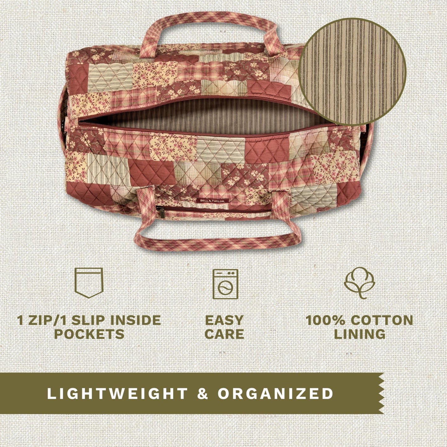 Bella Taylor Quilted Cotton Duffel Bag |Large Carry On Travel and Weekender Bag For Women| Burgundy Patch