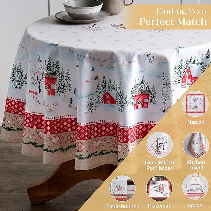 Maison d' Hermine Table Cloth Round Table 100% Cotton 63 Inches Fall Tablecloth Reusable Everyday Use for Thanksgiving Christmas Decorations Dining Farmhouse Party (Rural Christmas)