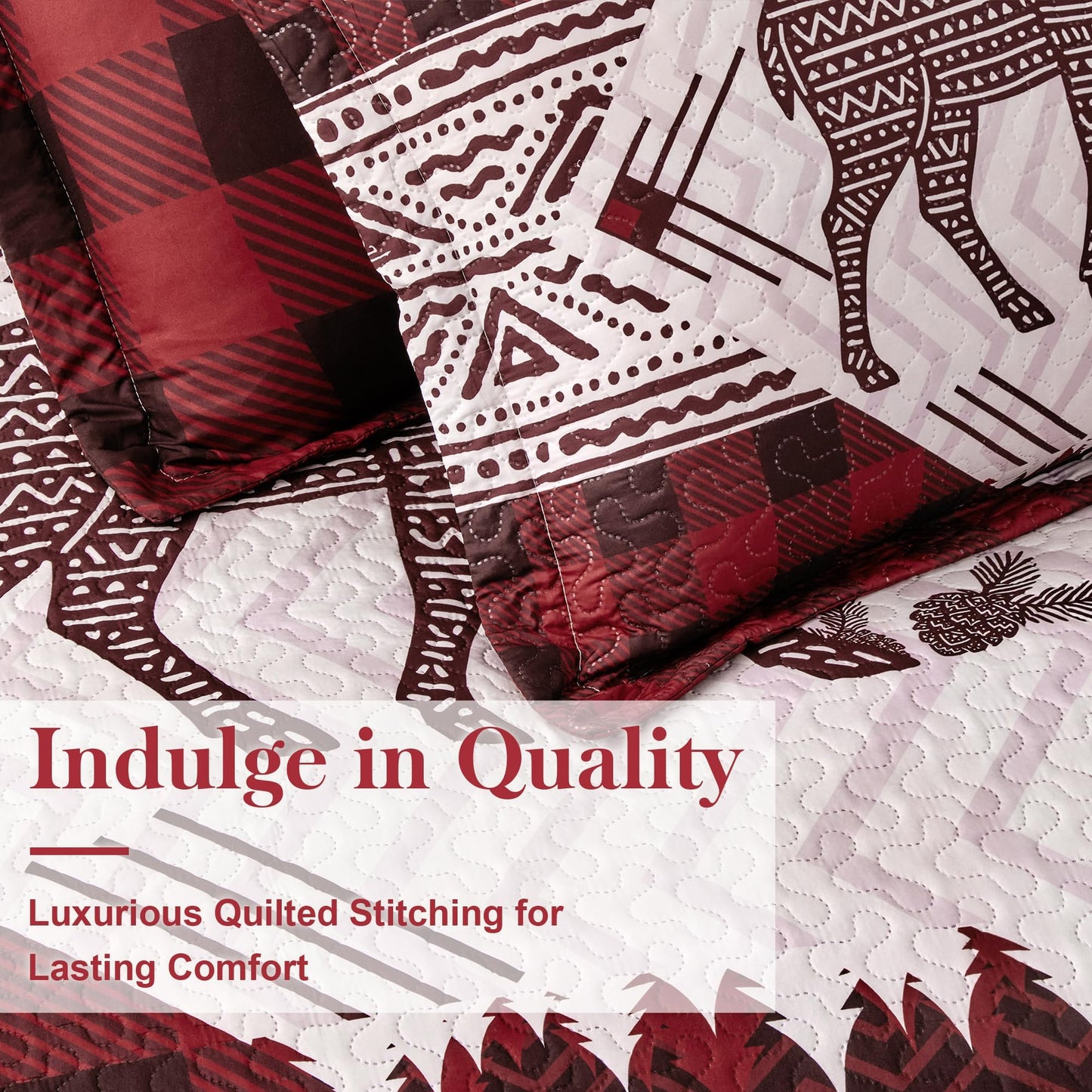 3 Piece Cabin Full/Queen Quilt Sets Christmas Rustic Reversible Microfiber Soft Lightweight Farmhouse Bedspread Comforter with 2 Shams Patchwork Country Lodge Bedding for All Season, 90''x96'', Red