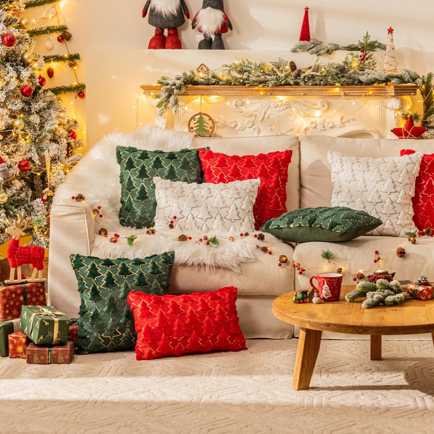 AQOTHES Christmas Tree Green Red Throw Pillow Covers 18x18, Soft Faux Fur Sequins Throw Pillows for Couch Sofa Bed Room Cushion Covers Holiday Decorations