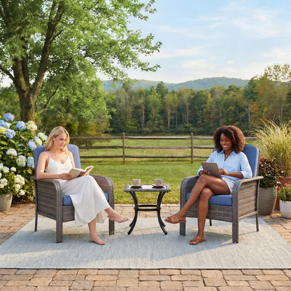 GarveeHome 2-Piece Outdoor Patio Furniture Set, All-Weather Rattan Chairs with Thick Cushions, High Back Wicker Lounge Chairs for Porch, Deck, Garden, Poolside & Backyard (Gray Rattan, Blue Cushion)