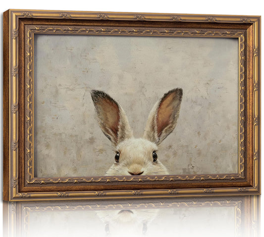 Vintage Gold Framed Wall Art Bunny canvas wall decor Easter Bunny Painting Prints Funny Rabbit Ears Picture Poster Retro Animals Artwork for Easter Decor Kids Room Home Living Bedroom 9x11in
