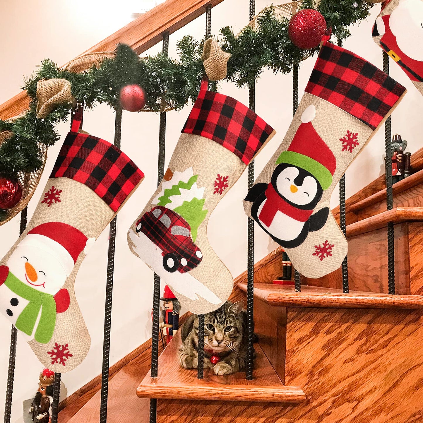 Christmas Stockings 5 Pack, 18'' Large Christmas Stockings with Santa Snowman Gnomes Pattern,Classic Buffalo Plaid Cuff,Xmas Ornaments for Family Stairs Fireplace Tree Hanging
