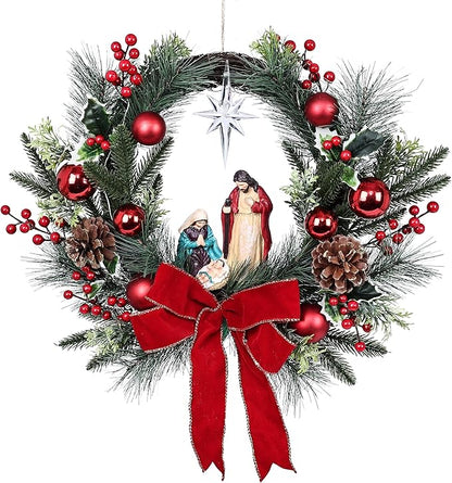 Moonet 19" Christmas Wreath with LED Lights Jesus Nativity Scene Garland for Home Hanging Ornament, Holiday Wreath with Lights for Front Door, Window, Fireplace