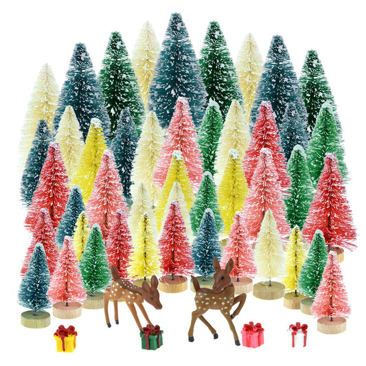 Yookat 51Pcs Pine Trees Artificial Trees with Wood Base Sisal Bottle Brush Trees Assorted Color and Deer Boxes Winter Snow Ornaments for Christmas Decoration
