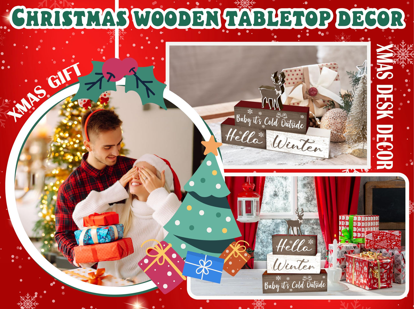 4 Pcs Bow Reindeer Christmas Decor, Snowflakes Table Decorations, Christmas Tiered Tray Desk Decor Gifts, Hello Winter Wooden Xmas Stack Block Signs Table Centerpiece for Farmhouse Office -B11