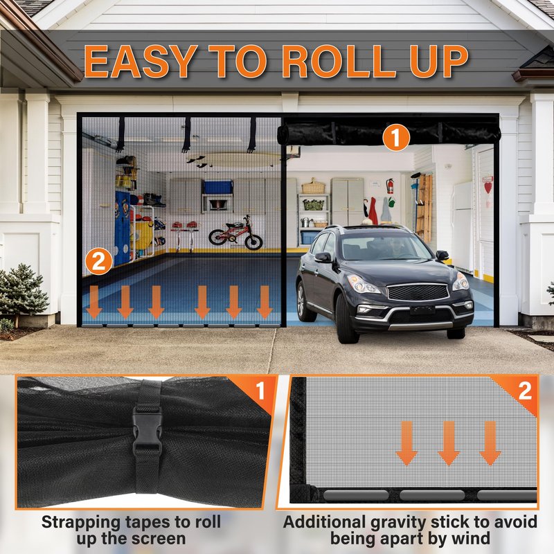 Garage Door Screen for 1 Car 8x7Ft - Magnetic Closure, Reinforced Fiberglass Mesh, Heavy Duty Weighted Bottom, Hands-Free Operation, Easy Assembly & Pass-Through