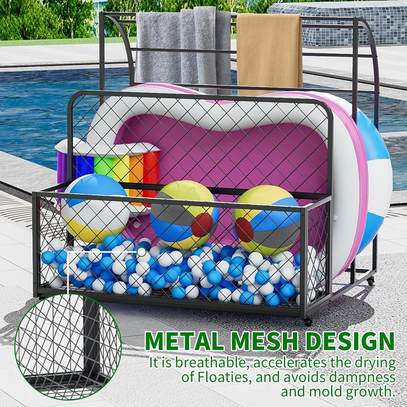 tenouaai Pool Float Storage, Metal Pool Storage Bin with Rolling Wheels, Outdoor Pool Organizer for Floaties, Noodles, Life Vests, Beach Balls (33.4*37.7*36.8)