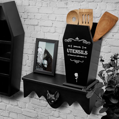 Gothvanity Gothic Coffin Utensil Holder - Large Stable Spooky Dark Aesthetic Kitchen Organizer, Wooden Black Kitchen Decor 12.5X8X5 Inches