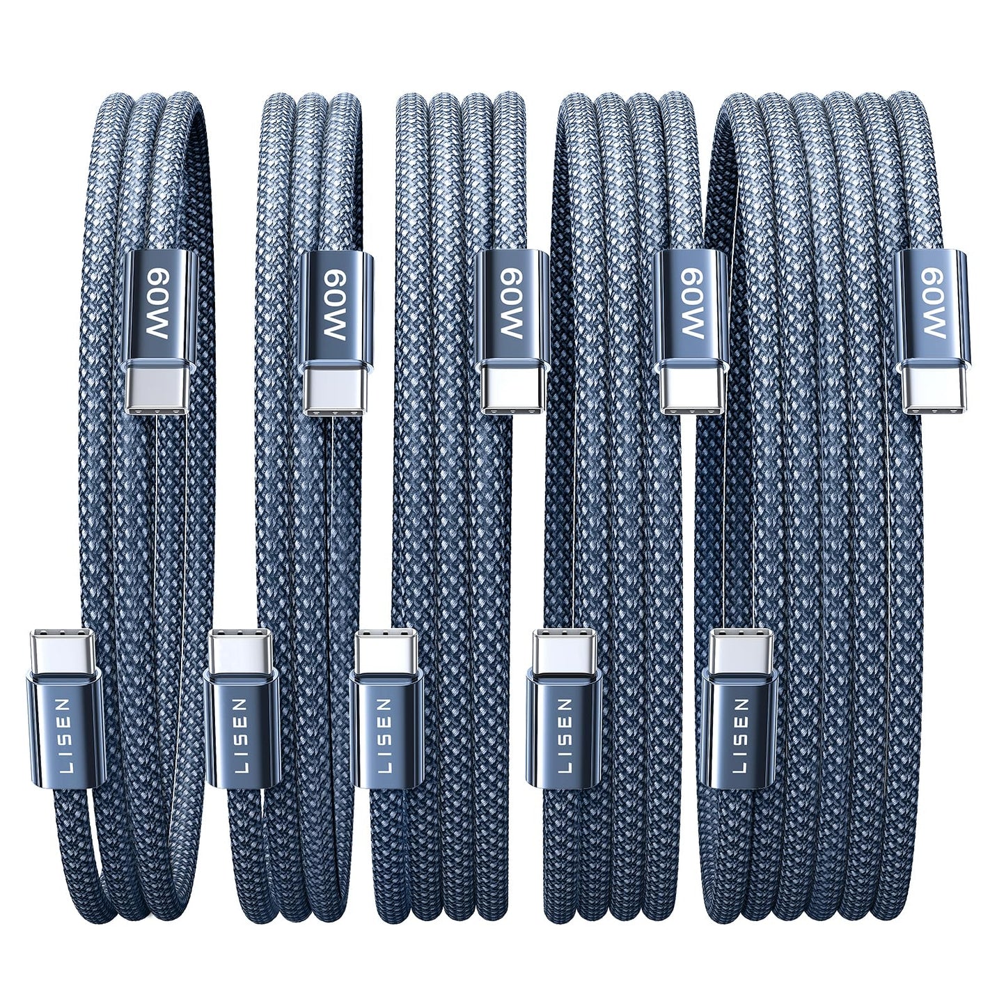 LISEN USB C Cable, 5-Pack [3.3/3.3/6.6/6.6/10FT] for iPhone 17 Charger Cord, 60W USB C to USB C Fast Charging Cable for iPhone 17 Air 16 15 Pro Max, Samsung Z Flip 7/S25/S24, Switch 2, iPad, MacBook