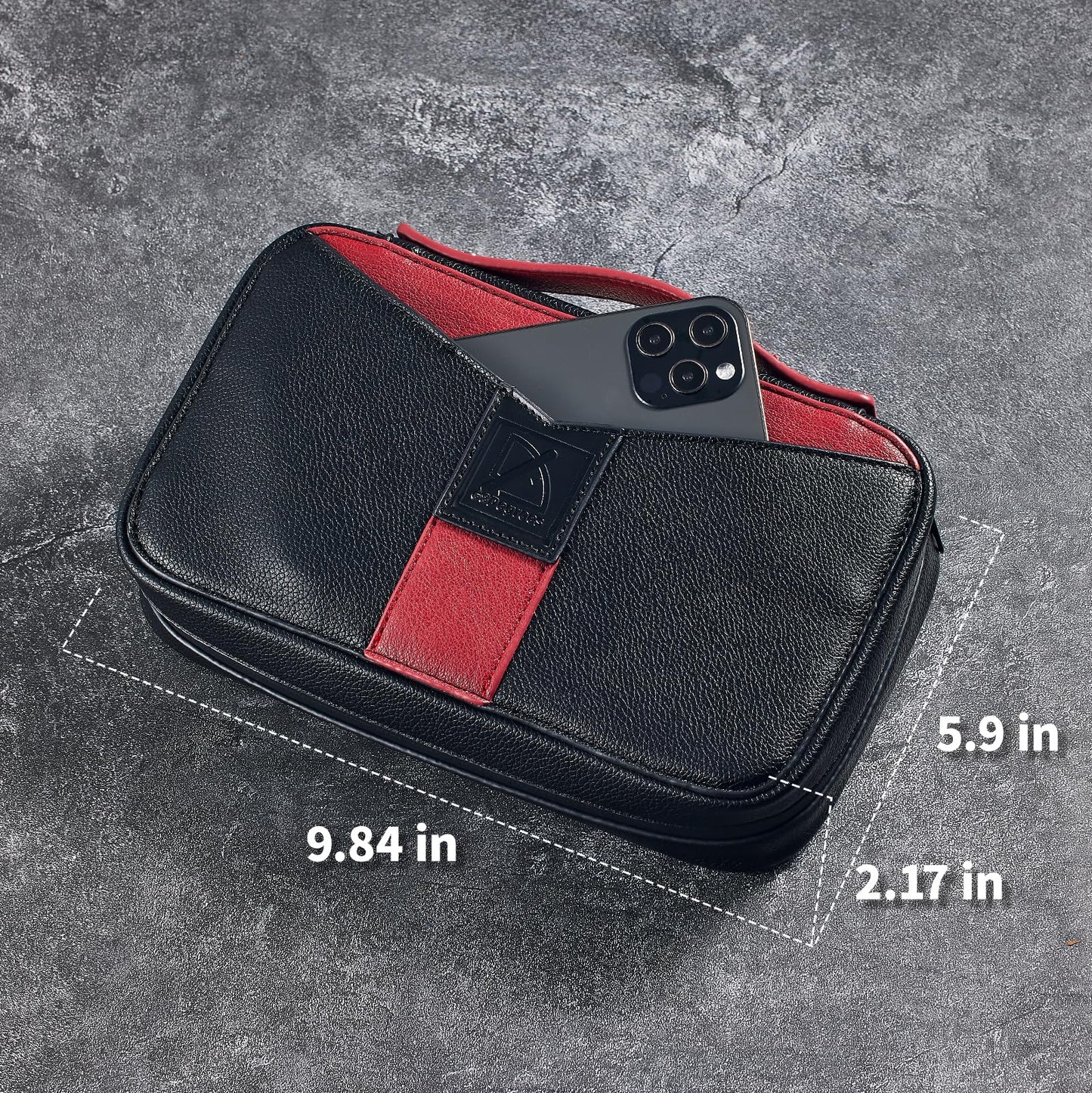 68 Degrees Leather Travel Case – Red Portable Organizer with 3 Accessory Pockets, Full Grain Hard Shell, Zipper, Gift Pouch for Men