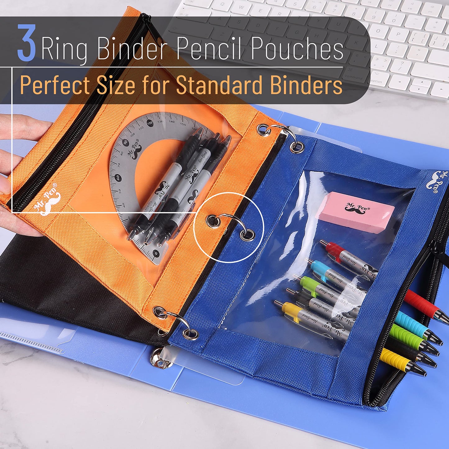 Mr. Pen - Pencil Pouch, Blue and Orange, 2 Fabric Pencil Pouches, Binder Pockets, Pencil Case, Binder Pouch, Pencil Bags, Pencil Pouch 3 Ring, Pencil Bags with Zipper, Zippered Pencil Pouch, Canvas