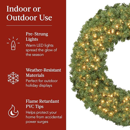 Best Choice Products 24in Large Artificial Pre-Lit Fir Christmas Wreath Holiday Accent Decoration for Door, Mantel w/Red Lighted Bow, 70 LED Lights, 100 PVC Tips, Battery Operated