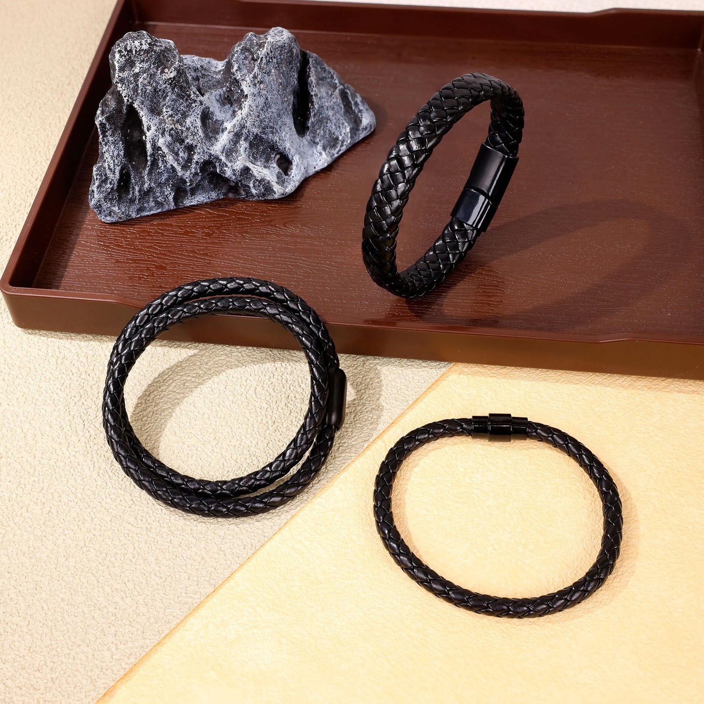 SOMEITIA 3Pcs Genuine Italian Braided Leather for Men Women Leather Wrist Cuff Bracelets Black Brown Stainless Steel Clasp Wrap Wristband Black 9.0 Inch