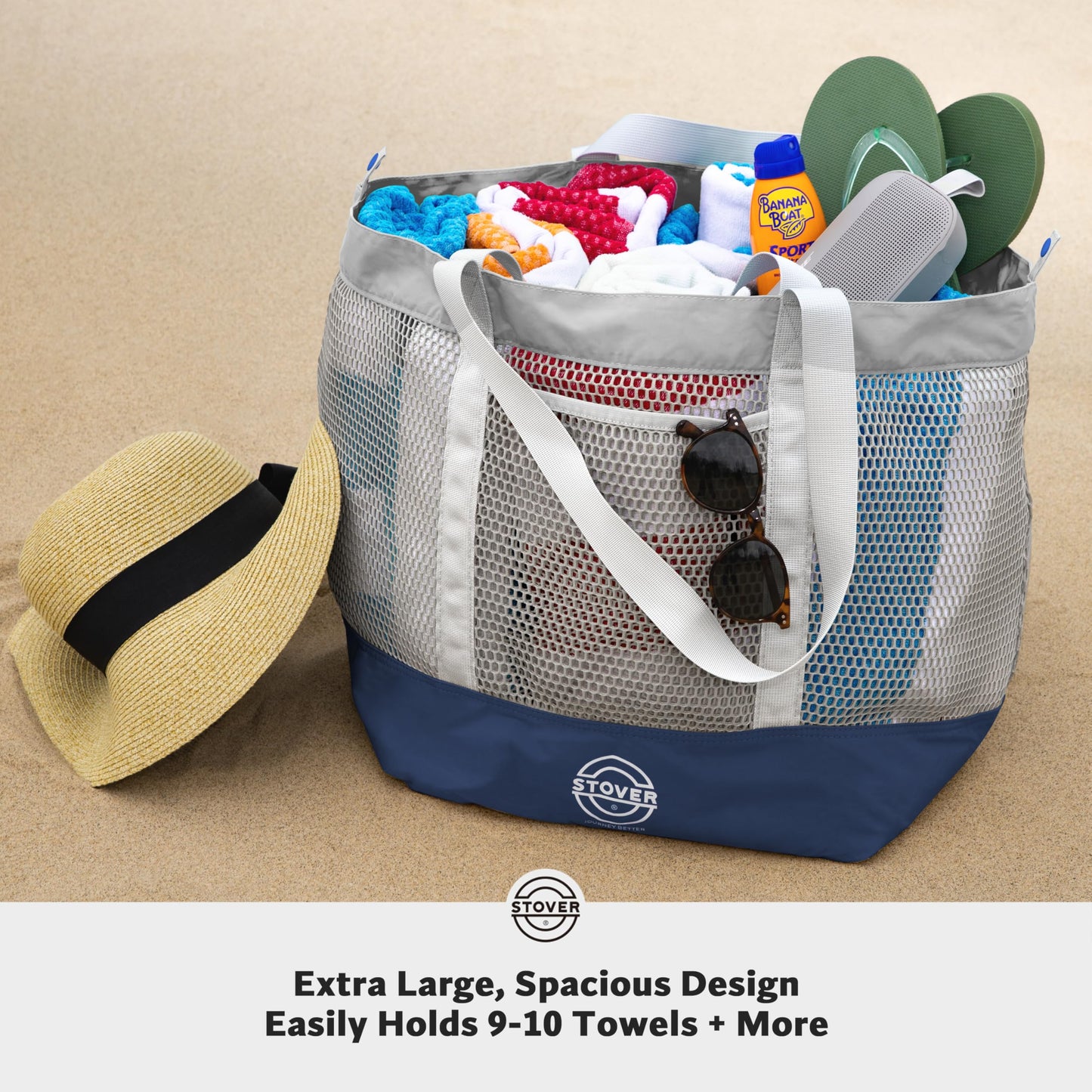 STOVER Extra Large Mesh Nylon Beach Bag, Vacation, Pool, Shopping, Toy, & Travel Tote - Foldable w/Storage Pouch & Pockets for Women, Men & Families - Heavy-Duty and Water-Resistant (Coastal Grey)