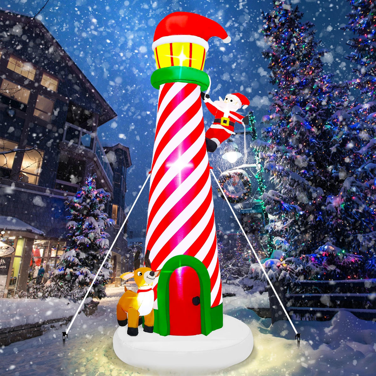Lulu Home 10FT Christmas Inflatable Decoration, Giant Lighted Lighthouse Blowups with Santa and Reindeer, Air-Blown Ornaments with Storage Bags for Xmas Winter Yard Lawn Garden Outdoor Decor