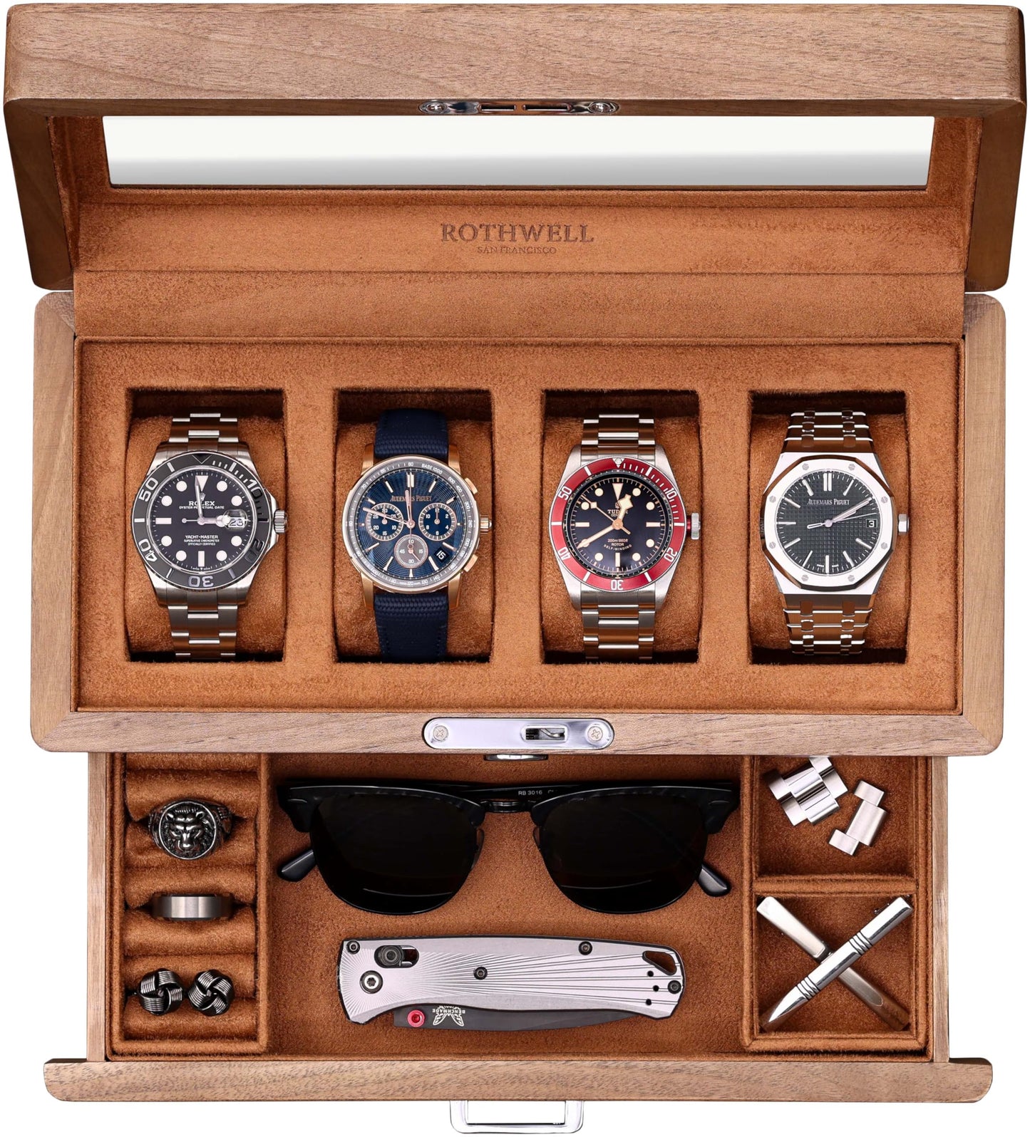 ROTHWELL 4-Slot Solid Walnut Watch Box with Valet Drawer - Premium Jewelry Display Case Organizer with Locking Glass Top and Microsuede Liner for Men & Women (Tan Interior)
