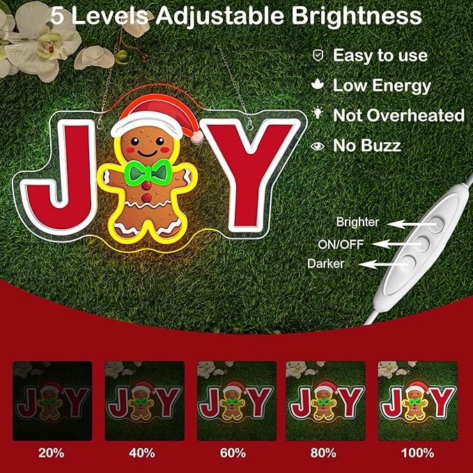 JOY Gingerbread Man Neon Sign – Christmas LED Wall Light with Santa Hat & Holiday Décor – Festive Neon Sign for Home, Parties, and Seasonal Decorations