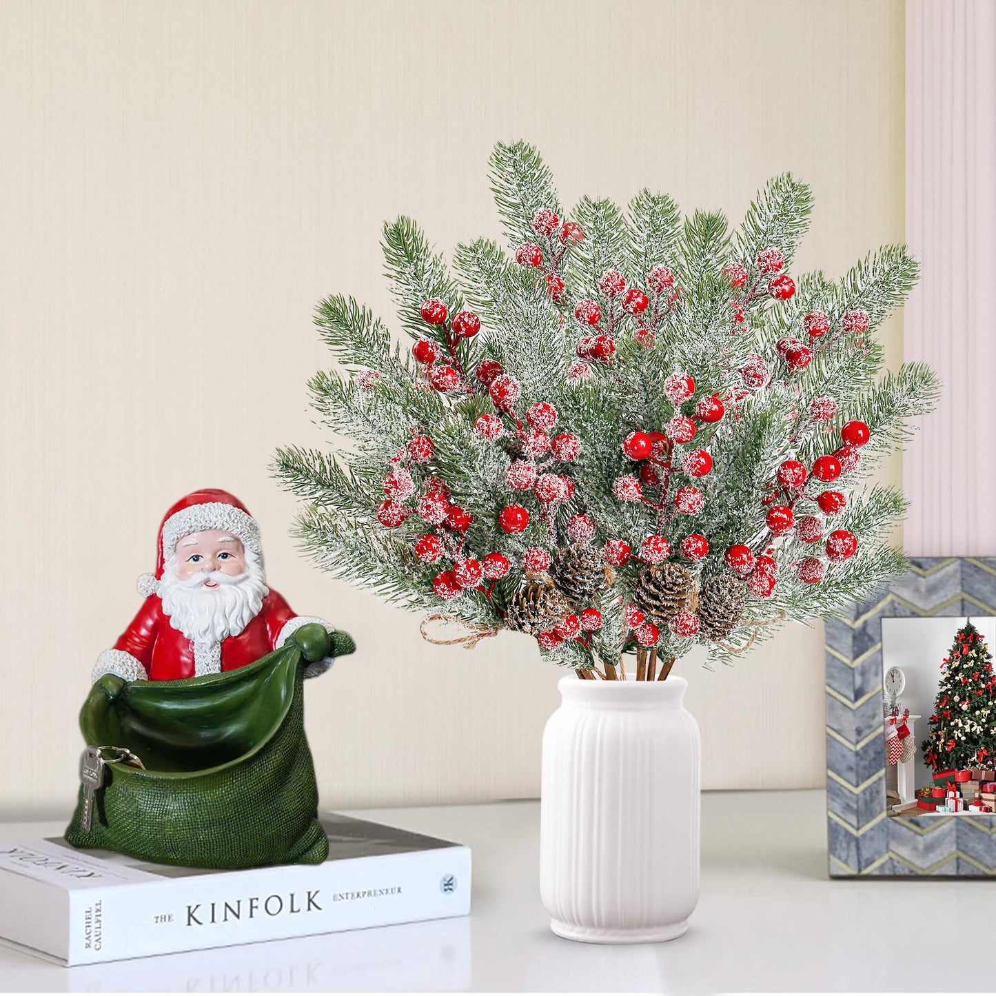 Sggvecsy 6 Pack Snow Frosted Christmas Berries Pine Picks Artificial Red Berry Pine Branches Faux Pine Stem with Pine Cones for Xmas Tree Wreath DIY Craft Floral Arrangement Holiday Decor (Red)