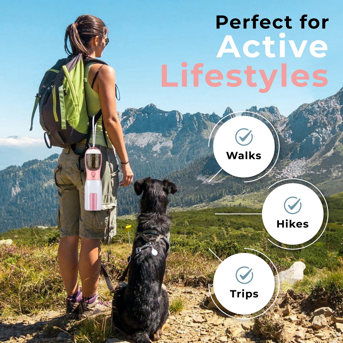 Innoshopp Dog Water Bottle - Portable Pet Water Bottle with Food Container & Poop Bag Dispenser - Lightweight, Leak Proof & BPA Free Dogs Drinking Bottle for Walking, Hiking & Travel (Pink)