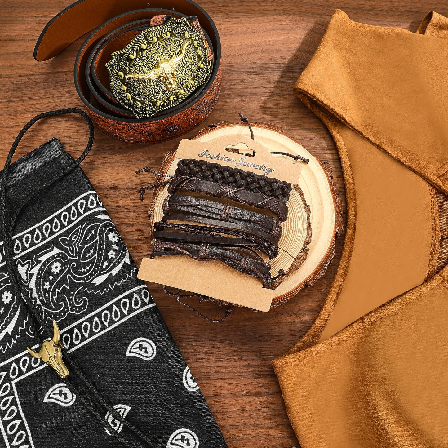 RIOSO Cowboy Outfit for Men Western Suede Leather Vest Belt Necktie Set Men's Cowboy Costume Accessories (Without Hat) Brown