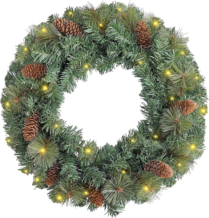 FR Artificial Pre-Lit Fir Christmas Wreath Holiday Accent Decoration, Wintry Pine, Decorated with Pine Cones, with LED Lights Battery Operated for Door, Mantel - 16 Inch