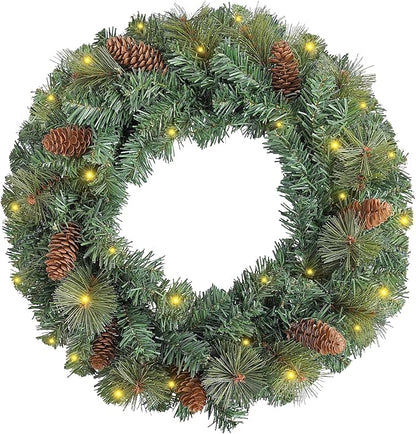 FR Artificial Pre-Lit Fir Christmas Wreath Holiday Accent Decoration, Wintry Pine, Decorated with Pine Cones, with LED Lights Battery Operated for Door, Mantel - 16 Inch