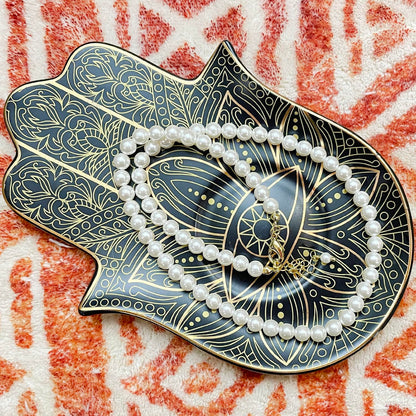 Exquisite Small Ceramic Jewelry Tray - Trinket Dish Evil Eye Decor, Gold Plate Ring Holder, Modern Boho Home Essentials, Perfume Organizer, Witchy, Aesthetic Room Decor (Black Hamsa)