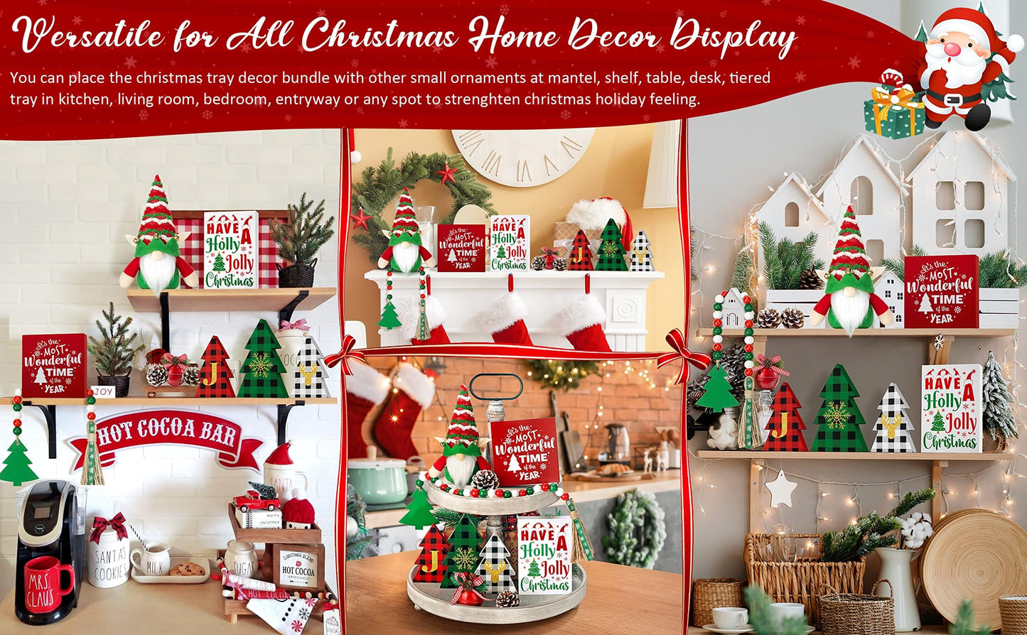 Farmhouse Christmas Tiered Tray Decor - 10 PCS Set with Wooden Signs & Gnome Plush - Kitchen Table, Mantel, Party