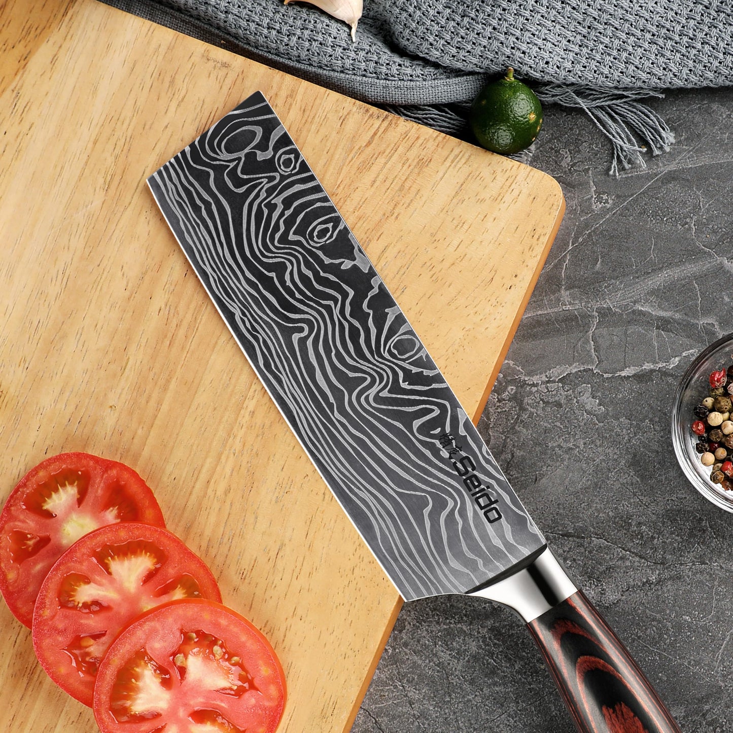 Seido Knives Master 7 Inch Nakiri Knife – High Carbon Stainless Steel Damascus Pattern Blade Full-Tang Balance Ergonomic Pakkawood Handle