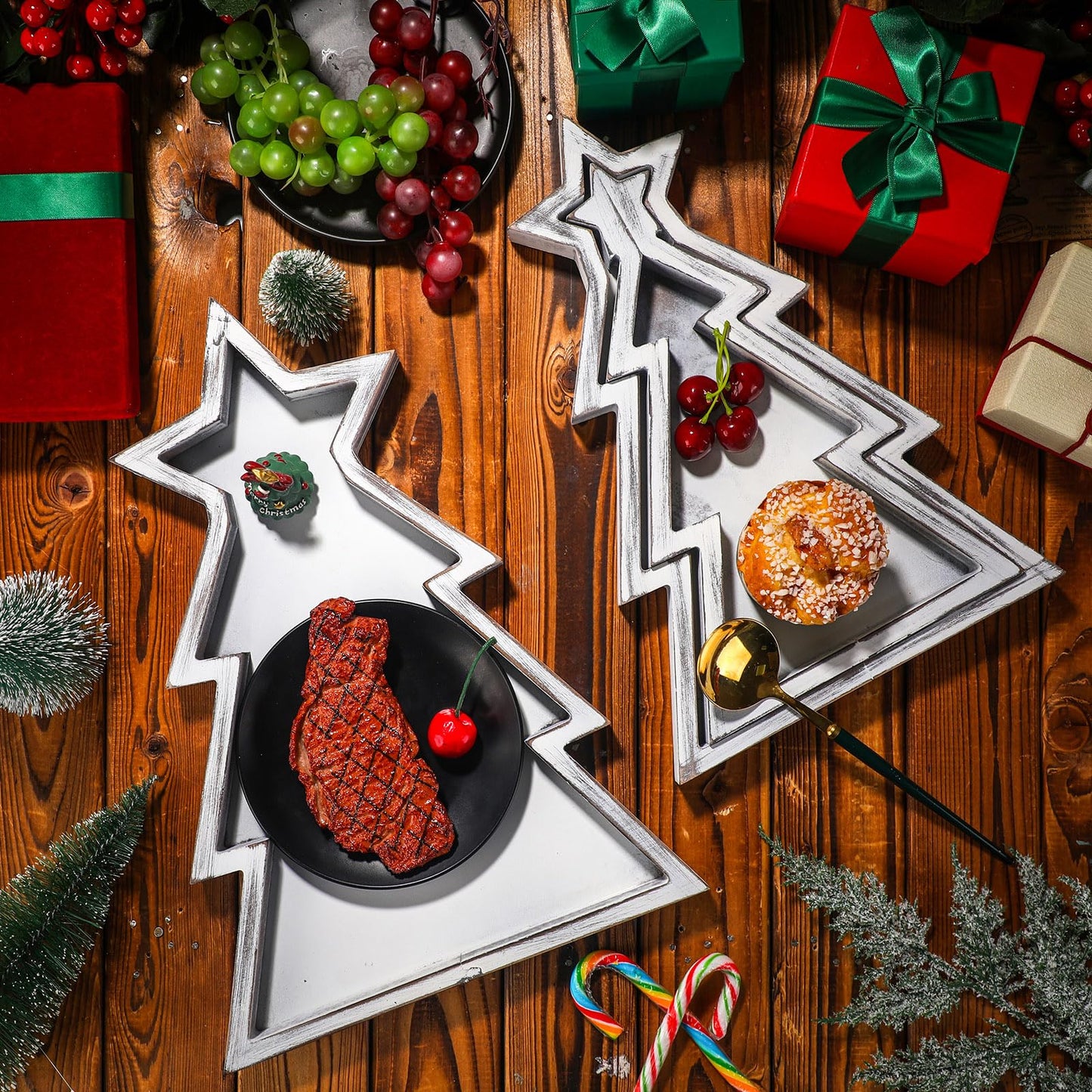 Sliner 3 Pcs Christmas Tree Trays Wooden Decorative Platters Christmas Tree Charcuterie Boards Farmhouse Holiday Serving Dishes for Home Sushi Snack Fruit Bread Salad Vegetables Dessert
