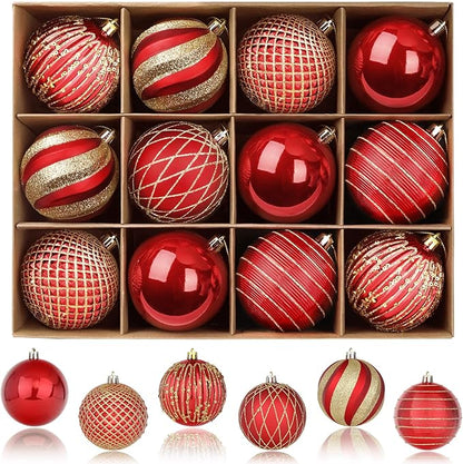 SHareconn 80mm Christmas Balls Ornaments,12PCS Colored Shatterproof Plastic Decorative Hanging Tree Decorations Baubles Set for Xmas Tree Decor Holiday Party Wedding Decoration with Lanyard,Red & Gold