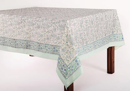 ATOSII Aster Blue 100% Cotton Rectangle Boho Fall Tablecloth, Handblock Floral Table Cloth Linen for Kitchen Dining I Parties Wedding Outdoors Christmas Thanksgiving I Fall Home Decor 60 X 108 Inches