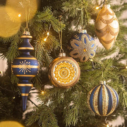 Valery Madelyn Glass Christmas Ornaments Set, 10ct Blue Gold Mercury Blown Glass Christmas Tree Ball Decorations, Luxury Hanging Teardrop Finial Faceted Reflector Decor