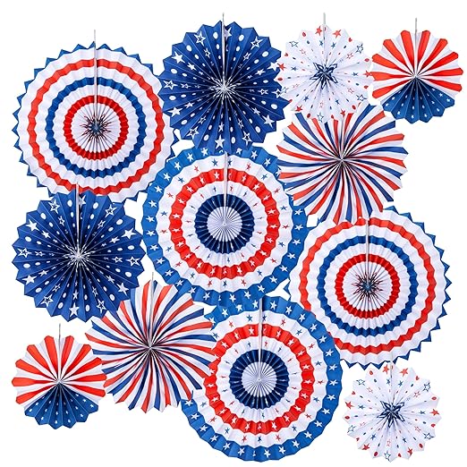 Homarden Patriotic 4th of July Decorations - USA Themed Party Supplies - Patriotic Hanging Paper Fans for 4th of July, Memorial Day, Veterans Day - Set of 12 Colorful Decorations