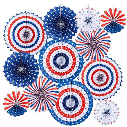 Homarden Patriotic 4th of July Decorations - USA Themed Party Supplies - Patriotic Hanging Paper Fans for 4th of July, Memorial Day, Veterans Day - Set of 12 Colorful Decorations