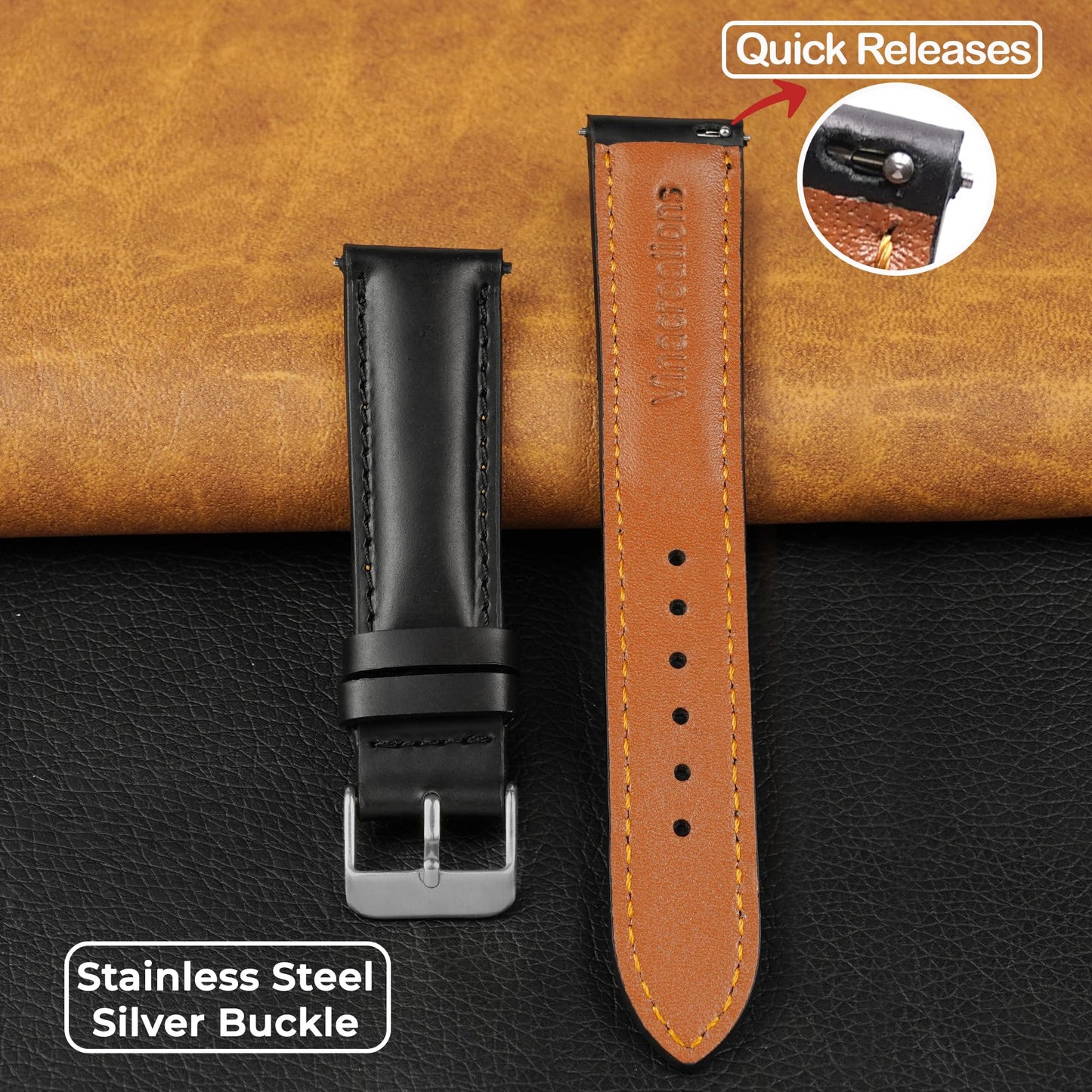 vinacreations 20mm Vintage Black Leather Watch Band Men Quick Release Replacement Strap Soft Handmade Wristband Stainless Steel Buckle, Christmas Fathers Day Gift for Dad Son Husband DH-201-20MM