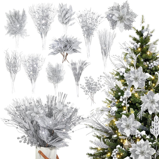 Yerliker 108 Pcs Sliver Glitter Christmas Picks and Sprays, 12 Styles Artificial Christmas Floral Berry Branches Flowers Stems for Xmas Tree Ornaments Wreath Garland DIY Vase Holiday Party Decor