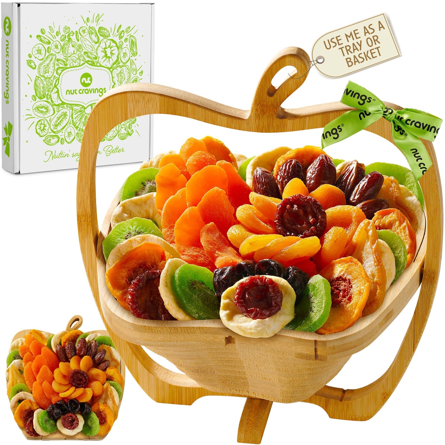 NUT CRAVINGS - Dried Fruit Flower Bouquet Arrangement in Wooden Apple-Shaped Gift Basket + Tray (9 Assortment) Healthy Snack Care Package